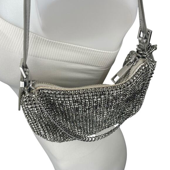 Aldo Mistera Silver Rhinestone Sparkly Shimmer Crescent Half Moon Shoulder Bag - Picture 4 of 8